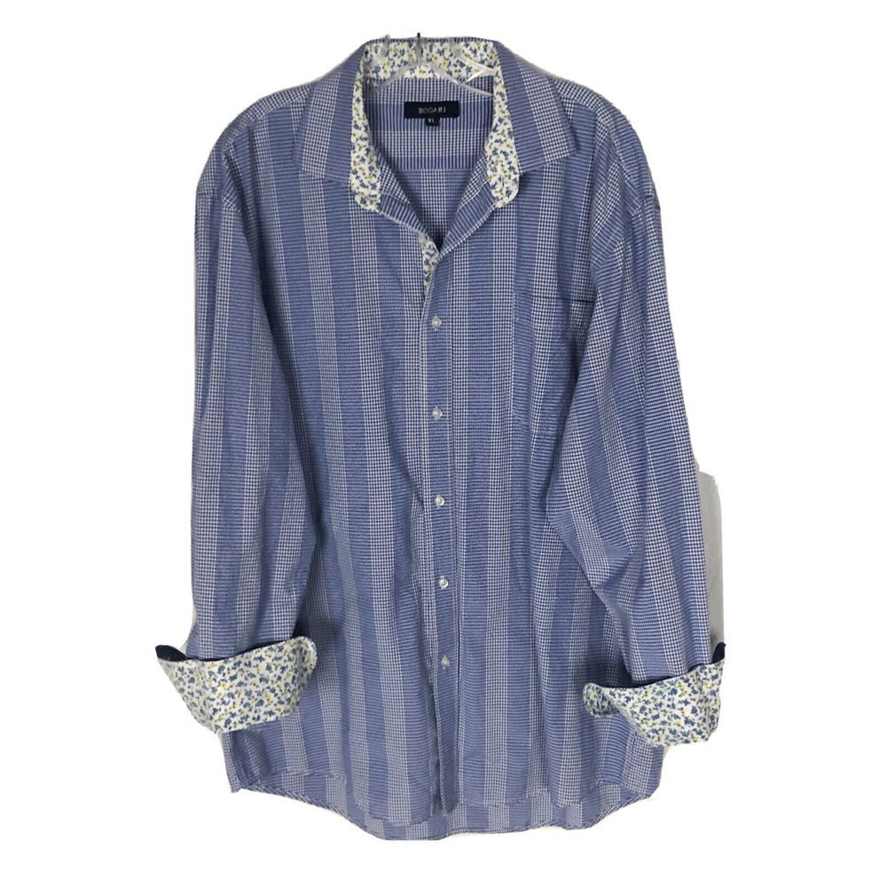 Bogari Mens Shirt Button Front Long Sleeve XL  BLUE Striped Shirt Contrast Cuffs